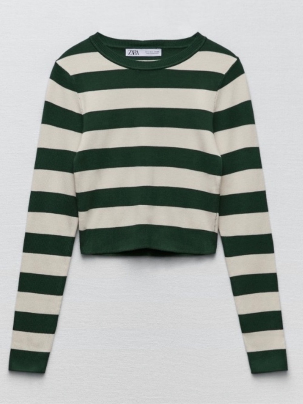 Zara- Green and Cream Striped Cropped Long Sleeve Knit